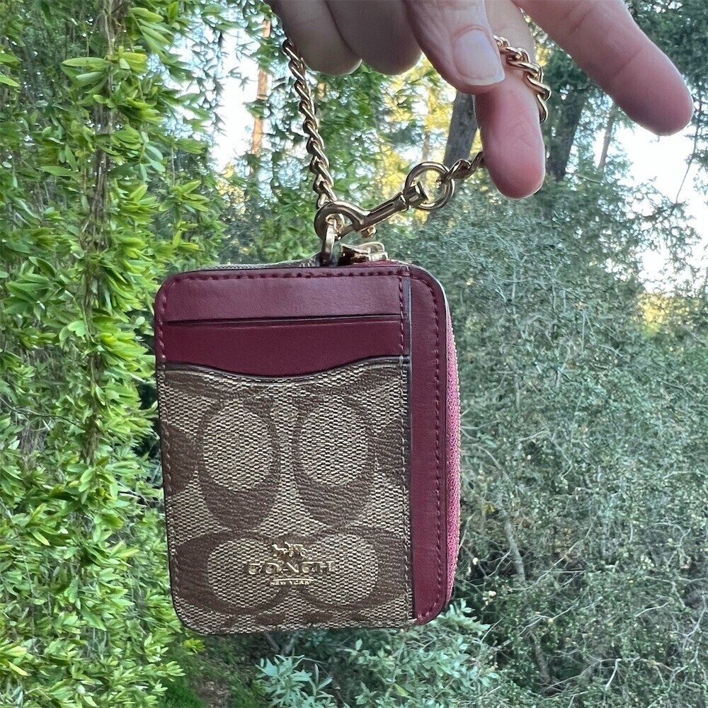 COACH Zip Card Case CC/ID Wallet Signature Canvas and Smooth Leather AUTHENTIC